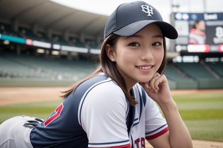 baseball cosplay,  baseball stadium, baseball uniform, smiling, 1girl, cowboy shot, detailed uniform, look at viewer, (SIGMA 85mm f1.4), depth of field, bokeh,  detailed photorealistic background, diffused natural sunlight, diffused natural skin glow, summer, photo realistic, photo