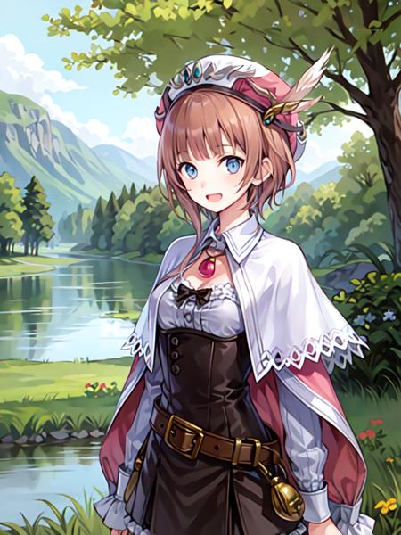 charrorona, 1girl, solo, masterpiece, best quality, smile, upper body, capelet, open mouth, hat, jewelry, standing, hat feather, belt, dress, skirt, bow, blush, looking at viewer, necklace, pendant, arms at sides, outdoors, forest, lake, river,<lora:roronav1a:0.8>