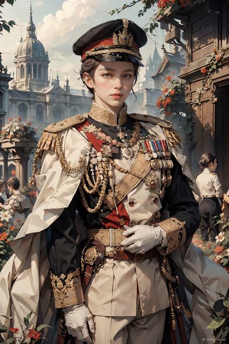 HDR,UHD,8K, best quality, masterpiece, Highly detailed, Studio lighting, physically-based rendering, 1boy, solo,
1 boy, British Noble, white costume, cap, red uniform, 
flowers garden background, simple background,  <lora:BristishNoble:0.5>