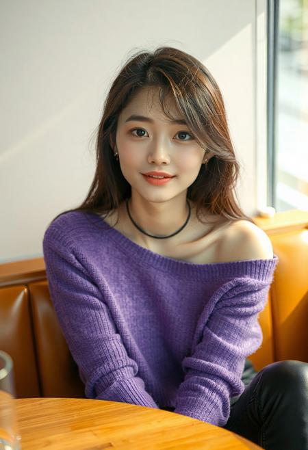 DSLR-style, slender, elegant 26-year-old Korean model, extremely pale skin with natural texture, soft shadow on cheek, diffused daylight from side, parted lips, masterpiece, ultra high-res  
<lora:NOOB_vp1_detailer_by_volnovik_v1:1>
barely visible pores, subtle skin texture variation, translucent skin tone, full body. 
score_9, score_8_up, score_7_up, score_6_up, jaiden animations, 1girl, solo, white skin, black eyes, brown hair, long hair, purple sweater, exposed shoulders, black leather pants, choker, earrings, cafe, looking at viewer, smile, from above, sitting, pov
muscle breasts, (((Extremely high-resolution))),
(depth of field:1.3),
<lora:MythAnim3Style:0.9>, 
 asian face, (Korean)(black eyes) (masterpiece:1.4), (best quality:1.2) 
<lora:RMSDXL_Enhance: 1.2> 
<lora:hd_4k_ntc: 1.2> 
(high resolution)
 <lora:S1_Dramatic_Lighting_v2:0.15> <lora:g4n1m3XLP:0.8>
<lora:d3t41l3dXLP:0.5> <lora:surrealidescent_v1:3.14>
<lora:flux dtmh:3.14> 
<lora:Hand v2:3.14>,
<lora:add-detail-xl:2>
(((lora:Expressive_H:2.0)))
((huge breasts:1.1)), 
narrow waist, wide hips, (messy_hair:1.0),
<lora:ponyv5_noobV065S_1_adamW-000013:0.7> <lora:USNR_STYLE_XL_lokr:0.5> <lora:EtherSDXL:0.15> <lora:748cmSDXL:1.0> <lora:backlitILL:0.8>