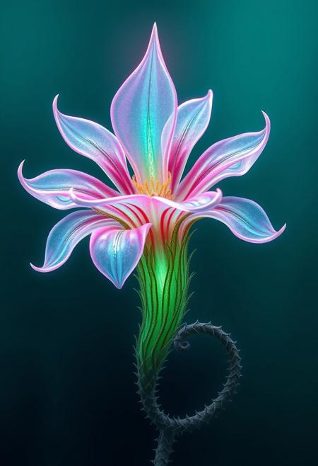 glowing alien flower, surreal botanical design, translucent petals, ethereal lighting, deep teal background, fantasy plant, spiked spiraled stem, soft gradients, cinematic lighting, detailed texture, exotic flora, sci-fi botanical art, visionary art, ethereal landscapes, surreal realism, vibrant colors, cosmic themes, fluid forms, mystical light, intricate details, transcendental imagery, otherworldly beings, abstract shapes, spiritual symbolism, dreamlike atmosphere, soft gradients, metaphysical essence