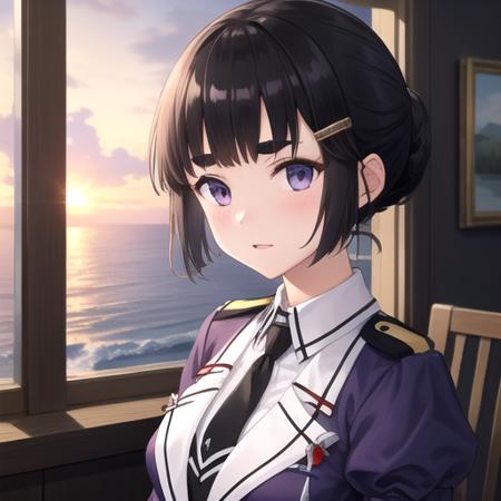 ((masterpiece)),(best quality),official art,extremely detailed CG,unity 8k wallpaper,ultra detailed,A lighthouse on a cliff by the sea,1girl,solo,upper body,(portrait:1.2),myoukou (kantai collection),medium breasts,blunt bangs,black hair,black skirt,hair bun,long sleeves,white pantyhose,pencil skirt,puffy long sleeves,puffy sleeves,thick eyebrows,military uniform,white gloves,eyebrows visible through hair,high heel boots,purple jacket,hair ornament,hairclip,black necktie,black belt,<lora:Myoukou(kan)>,