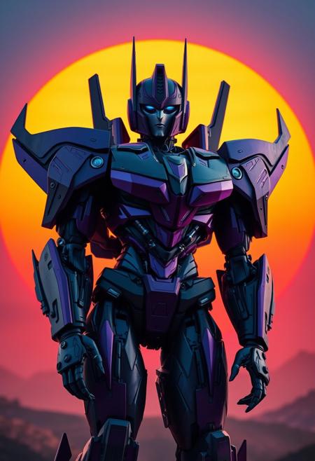 Female Robot, Purple and black Optimus Prime full body cinematic photograph with an orange and blue synthwave sun background. Slightly turned. Dragon theme.