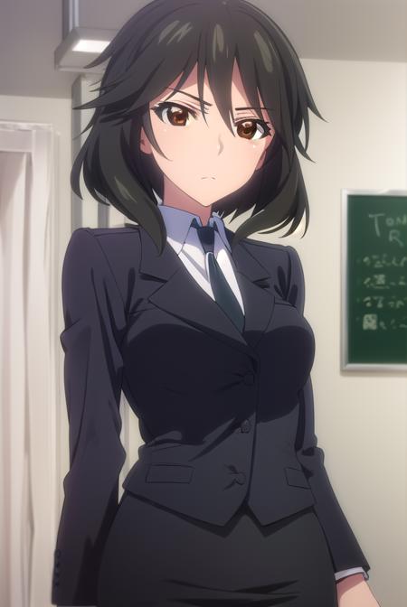 chifuyuorimura, <lora:chifuyu orimura s2-lora-nochekaiser:1>,
chifuyu orimura, long hair, bangs, black hair, hair between eyes, (brown eyes:1.3),
BREAK skirt, shirt, long sleeves, jacket, white shirt, necktie, black skirt, black jacket, formal, suit, black necktie, pencil skirt, skirt suit,
BREAK indoors, classroom,
BREAK looking at viewer, (cowboy shot:1.5),
BREAK <lyco:GoodHands-beta2:1>, (masterpiece:1.2), best quality, high resolution, unity 8k wallpaper, (illustration:0.8), (beautiful detailed eyes:1.6), extremely detailed face, perfect lighting, extremely detailed CG, (perfect hands, perfect anatomy),