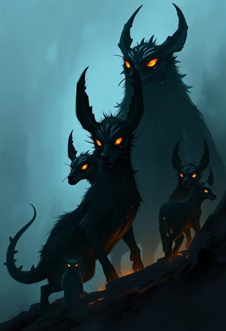 A rough, dynamic digital sketch in complementary epic colors and misty atmosphere. Intense jet black silhouetted backlighting emphasizes anthropomorphic animals with uncanny features, multiple eyes, and glowing elements in a dreamlike scenario. Loose painterly strokes create a sense of movement and depth. The unfinished style evokes a fantasy scene, focusing on mood and world-building with dramatic lighting and subtle color hints.