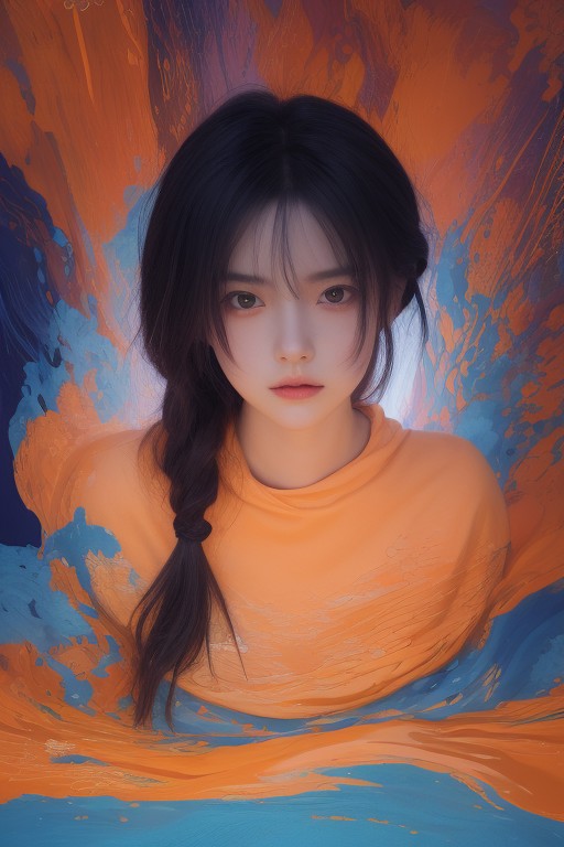 masterpiece, (beautiful and aesthetic:1.5), surrealism, highly detailed, anime, a portrait painting of 1girl, orange and b...