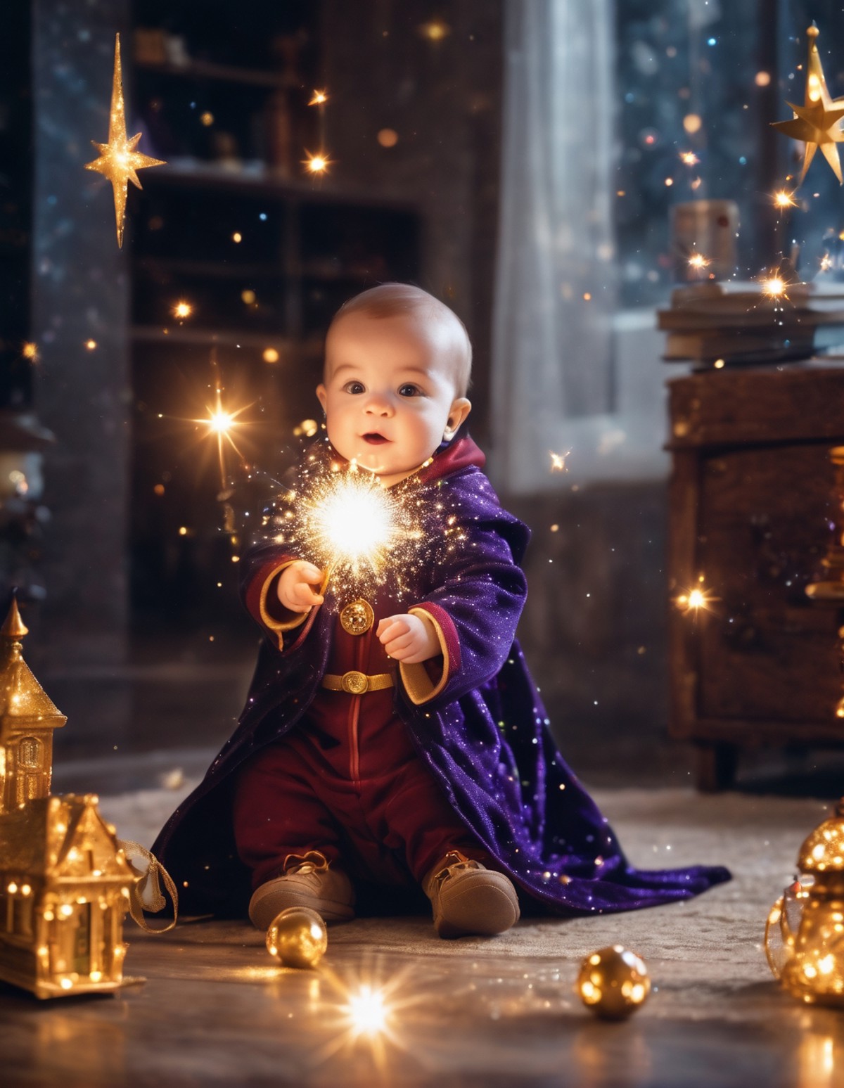 A baby wizard is discovering its abilities. magic is in the air with sparkles and levitating toys around the baby wizard. ...