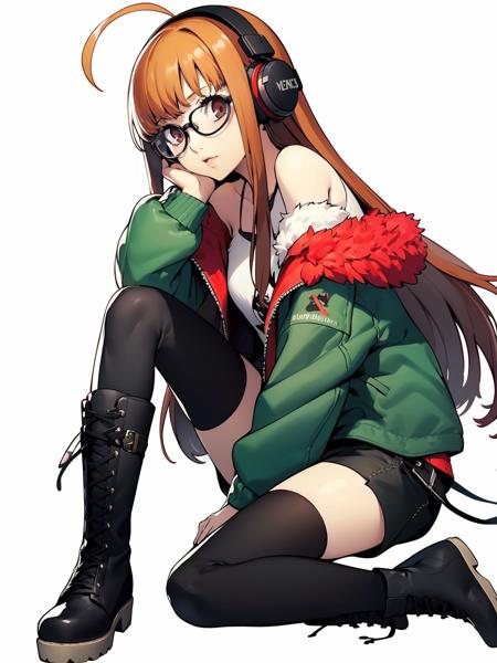 sakura futaba, 1girl, solo, boots, glasses, thighhighs, headphones, long hair, behind-the-head headphones, fur trim, knee boots, lace-up boots, cross-laced footwear, fur-trimmed jacket, jacket, orange hair, green jacket, shorts, black footwear, full body, black thighhighs, simple background, white background, off shoulder, belt boots, looking at viewer, black shorts, ahoge