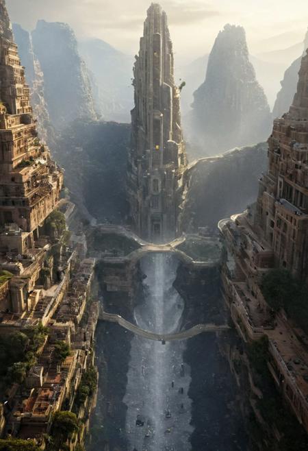POV view , DOF,
(Ancient civilization, Alien Prometheus movie scene, dune movie scene:1.5), (The colonial city of the future, in the mist-filled Grand Canyon, on an unknown Earth-like planet, 2 moon on sky, Spaceship flight connects colonies, waterfulls:1.3), (Machu Picchu, a mountain settlement, incredibly spectacular:1.2), (Mario Botta:1.3), (avant-garde, future, reality, science fiction, photorealistic), (modern architecture:1.2), White limestone with black granite, fountain, waterfall, landmark, square, path, narrow street,
(Large Files, Ultra Realistic, 8K, 16k, FHD, HD, VFX, Perfect, Photography, composition, Architecture Sales Photography, Architecture Competition, Ultra High Resolution, Cinematography, High Resolution Image:1.1), (dramatic lighting, direct sunlight, ray tracing, clear shadow:1.2),  (real landscape:1.1), (blurred background:1.0), (urban background, more_details) ,
great lighting, clear, hillscastel, <stardeaf-cold-arc>, xtower, industrialbuilding