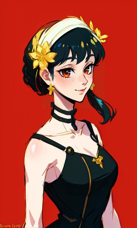 <lora:AnimeWesternLike(1):0.8> 
<lora:yor-ALK:0.8> 
(best quality, masterpiece:1.3), (perfect details:1.1), 
(Disney), 1girl, solo, red eyes, black hair, jewelry, hairband, dress, black dress, earrings, smile, blush, upper body, looking at viewer, breasts, flower, sidelocks, hair ornament, hair flower, bare shoulders, bangs, simple background, medium breasts, from side, twitter username, closed mouth