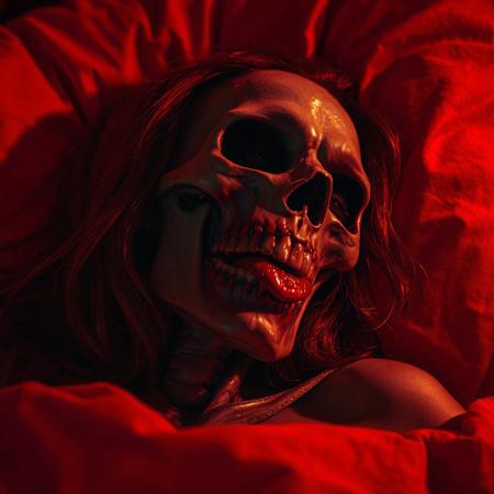 Album cover of realistic Dark art close up movie still of a undead zombie woman from the 70s-style pulp paintings lying in bed in a eerie red hotel room licking her necrotic lips with a naughty look on her face, The vibe is red and otherworldy. The zombie womans skeletal face is looking blissful. Duotone: Burnt orange and deep plum. Mood: Occult ritual meets 80's concert poster art style, movie still, gore, sexy, flirty, amorous, beautiful, evil dead