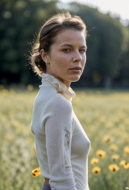 EvaHerzigova an , a elegant woman, on a (white poppy field:1.2), wearing a (cowl-neck-sweater), (flowering-landscape),  (realistic, photo-realistic:1.37), ultra high res, ultra-detailed, incredibly beautiful girl, 8k uhd, dslr, soft lighting, high quality, film grain, Fujifilm XT3