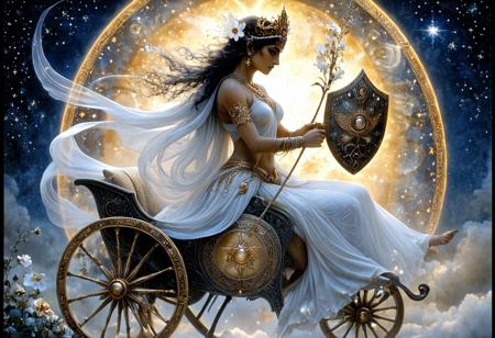 Stylized ink artwork of the ancient persian goddess Anahita. She wears an immaculate white gown riding a chariot, a golden tiara on her head. She holds a flowering twig in one of her hands and a shield in the other one,  The whole scene is viewed from below as she descend from the starry sky. Warm highlights and shadowly gradients enhance her mystical presence. The image has natural deep shadows and bright warm lighting lighting. high detail realistic skin texture, skin pores, masterpiece, cinematic quality, bokeh, depth of focus, realistic fantasy photo, gorgeous aesthetic, in the style of Luis Royo and Milo Manara., circle of light above her head