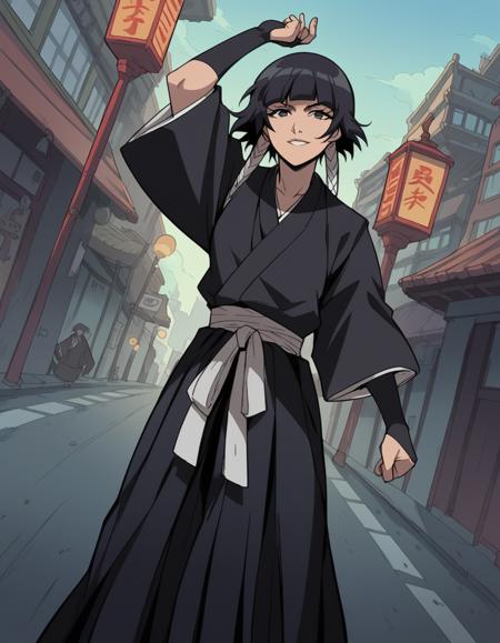 <lora:soifon-anime-ponyxl-lora-nochekaiser:1>, soifon, short hair, bangs, black hair, short hair with long locks, black eyes, gloves, bare shoulders, japanese clothes, elbow gloves, hakama, black hakama, gloves, japanese clothes, elbow gloves, hakama, black hakama, haori, black kimono, long sleeves, wide sleeves, black sleeves,