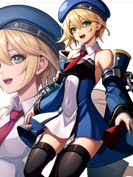 (symmetric, highres, absurdres, novel illustration, promotional art, game cg, exceptional, best aesthetic, best quality, masterpiece, extremely detailed, center frame:1.0), noel vermillion, solo, green eyes, blonde hair, short hair, beret, collared dress, detached sleeves, white gloves, boots, light smile, ((white background, simple background, cowboy shot)),    <lora:noel vermillion (calamity trigger):1>