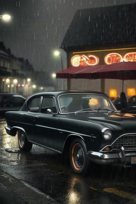 Neonoir picture, retro cars, old cars, rainy weather