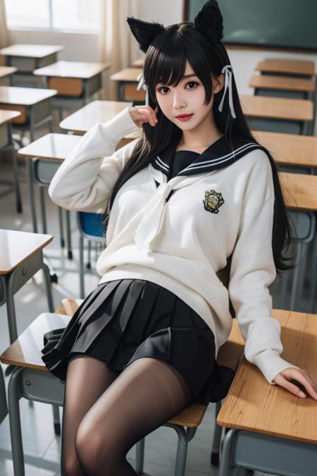 ultra-detailed,highly detailed,best quality,masterpiece,illustration,realistic,
1girl, solo, atago \(azur lane\), cosplay, mole under eye, 
animal ears, very long hair,bangs, sidelocks,  hair ribbon, 
school uniform, sweater, sailor collar, serafuku, long sleeves, pleated skirt, pantyhose,
indoors, day,classroom, blurry background,  photo background, 
 <lora:atago_uni_v1_02:0.7>