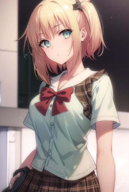 yuki yoshida, short hair, blonde hair, hair ornament, (green eyes:1.3), one side up, skirt, bow, school uniform, serafuku, plaid, red bow, brown skirt,