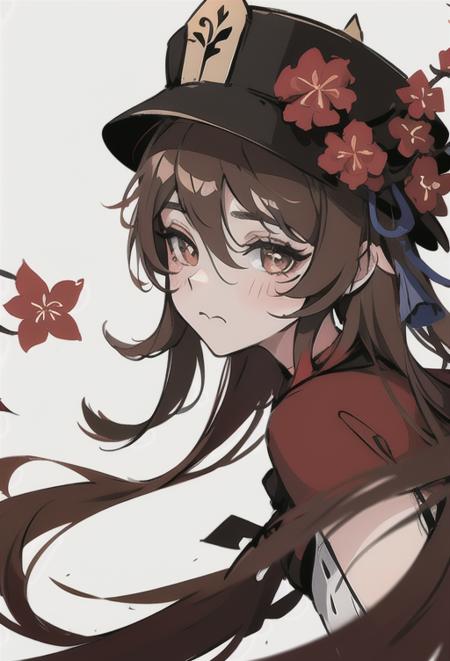 (masterpiece, best quality),
1girl, :t, bangs, black_headwear, blush, brown_eyes, brown_hair, closed_mouth, eyebrows_visible_through_hair, flower, hair_between_eyes, hat, hat_flower, hibiscus, long_hair, looking_at_viewer, pout, red_flower, simple_background, solo, white_background, <lora:hutao:1>