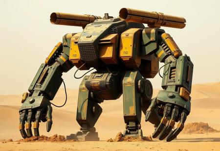 30 foot tall explorer mech stands in the desert. The mech is forest green with gold highlights and covered in dust. On its shoulders are two large missil launchers. The hands are suited for digging and mining.  The mech seems sturdy and worn but well taken care of.