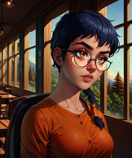 Taranee,short blue  hair,hair lock,glasses,brown eyes,orange casual clothes,library,solo,
standing,upper body,
window,trees,sky,
(insanely detailed, beautiful detailed face, masterpiece, best quality) cinematic lighting,<lora:TaraneeCook-10N2:0.8>,