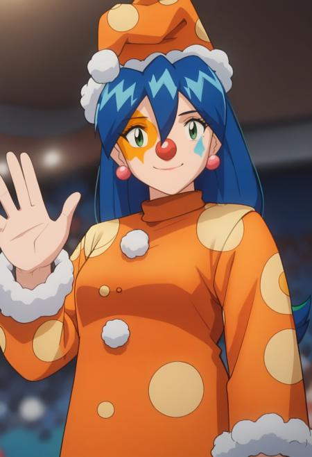 anime screencap, anime coloring, PMStella, 1girl, blue hair, low-tied long hair, green hair tie, hair between eyes, green eyes, earrings, red tailcoat, white pants, knee boots, black footwear, 