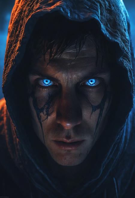 Dark Fantasy Concept Art. Close-up portrait. 23-year-old boy engulfed in dark power, wearing a hooded robe, bright blue eyes, intensely angry. Macro. High-contrast matte painting with intricate textures and deep color. Bright blue eyes gleaming against dark wisps of smoke and neon magical runes. Dark, rugged, stone-like shadows consuming the boy's body. Complementary colors of fiery orange and indigo, backlit by an eerie blue glow. Highly detailed, fantasy concept art, Unreal Engine 5 quality, Artstation trending style, 8k resolution, cinematic lighting, best quality, incredibly detailed, visually striking, surreal, immersive, extrmeley detailed supervillian