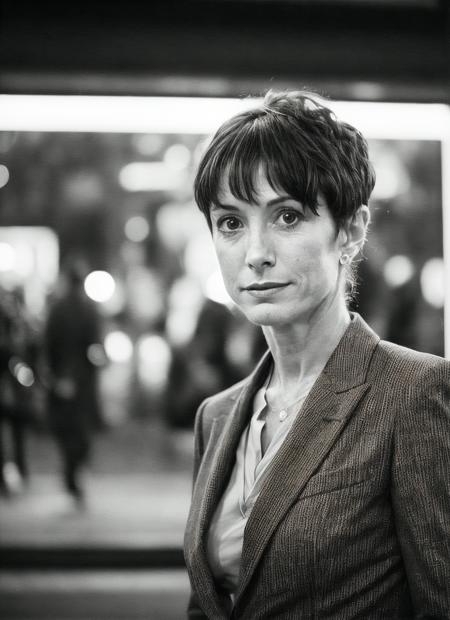 candid RAW close up portrait photo of sks woman in a (purple colored suit:1.0) on a dark street with shopping windows (at night:1.2), bokeh, Ilford Delta 3200 film, dof, high definition, detailed, intricate, flashlight, <lora:locon_nanavisitor_v1_from_v1_64_32:1.25>