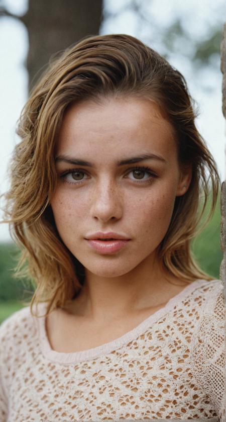 Hyperrealistic art cinematic film still balayage hair, 22 years old Polish girl, dark hazel eyes, freckles:0.3, pink lipgloss, looking towards viewer, fine art editorial photography, tight long sleeve top, perfect eyes, haze summer