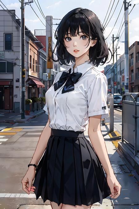 best quality, jk, 1girl, solo, looking at viewer, medium hair,  black hair, breasts,   closed mouth,  white shirt, outdoors,  lips, black skirt,  black bowtie, upper body,   <lora:jk_v2:0.6>