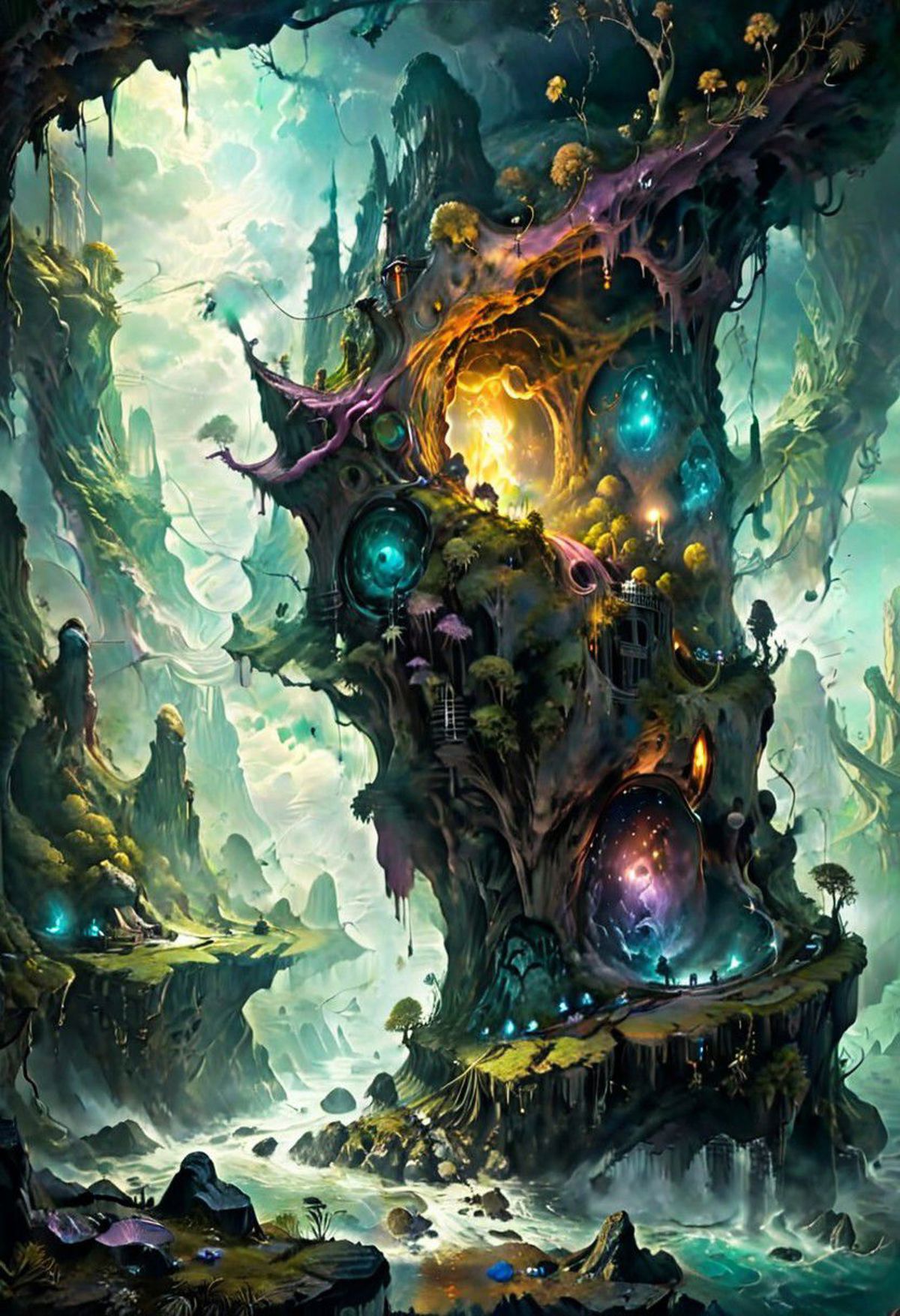 Fantasy artwork of a colorful tree with a dragon and a cave, surrounded by mountains and mushrooms.