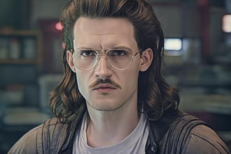 H4ck3rm4n, hyper realistic macro close up shot of hackerman with a mullet haircut, moustache, wearing glasses, looking into the camera