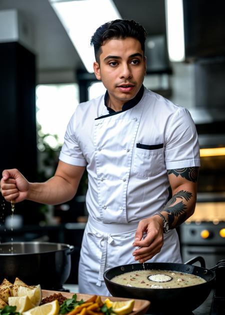 low angle portrait of a glamorous hollywood (Colombian man:1.3), (working as a Iranian food chef:1.2), at morning, arms in the air, sprinkling salts and spices over a dish on the stove, Luminous Ring light, (bright camera flash photography:1.2), Earth tones aesthetic, (focus on the eyes), (hard shadows, pitch black background, unlit,  dark theme, dim lighting, deep contrast:1.1), (background in focus), (motion blur, lens blur, out of focus:1.1)