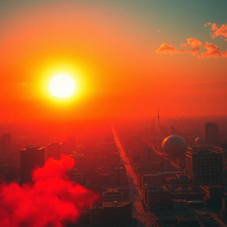 Red_Pyrotechnic, Blazing Sun-setting, Neurotech, Bright Masterpiece, Color, Rich Colors, Big Sun Filled Sky, Dust, Futuristic City,