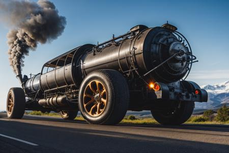 futuristic steam powered sportscar, huge vertical exhaust, boiler, coal trailer ,elegant, sleek, matte, mountainouse background, blue sky, half side view,  highly detailed car, rims, golden ratio,   highest quality, HDR, photorealistic, insane quality, best quality, extremely detailed, highest detail, highly detailed, incredibly detailed, detailed, realistic, (alternate universe:1.1),8k uhd, high quality,  <lora:add_detail:0.4> <lora:more_details:0.4>