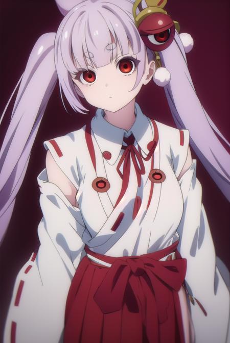 tsukuyo inaba, long hair, hair ornament, twintails, very long hair, purple hair, (closed eyes:1.5), thick eyebrows, tsukuyo inaba, long hair, hair ornament, twintails, very long hair, purple hair, thick eyebrows, (red eyes:1.5), skirt, japanese clothes, bell, hakama, hakama skirt, jingle bell, miko, hair bell, red hakama,