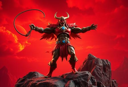 Masters of the Universe Ancient Warriors Beast Man, dynamic action pose, arms outstretched, wielding a whip, standing on a rocky outcropping against a fiery red sky. Vibrant red and orange attire with blue gem detail. Ultra detailed, cinematic, trending on Artstation, Octane Render, Unreal Engine 5, captivating lighting, impeccable composition, matte painting.