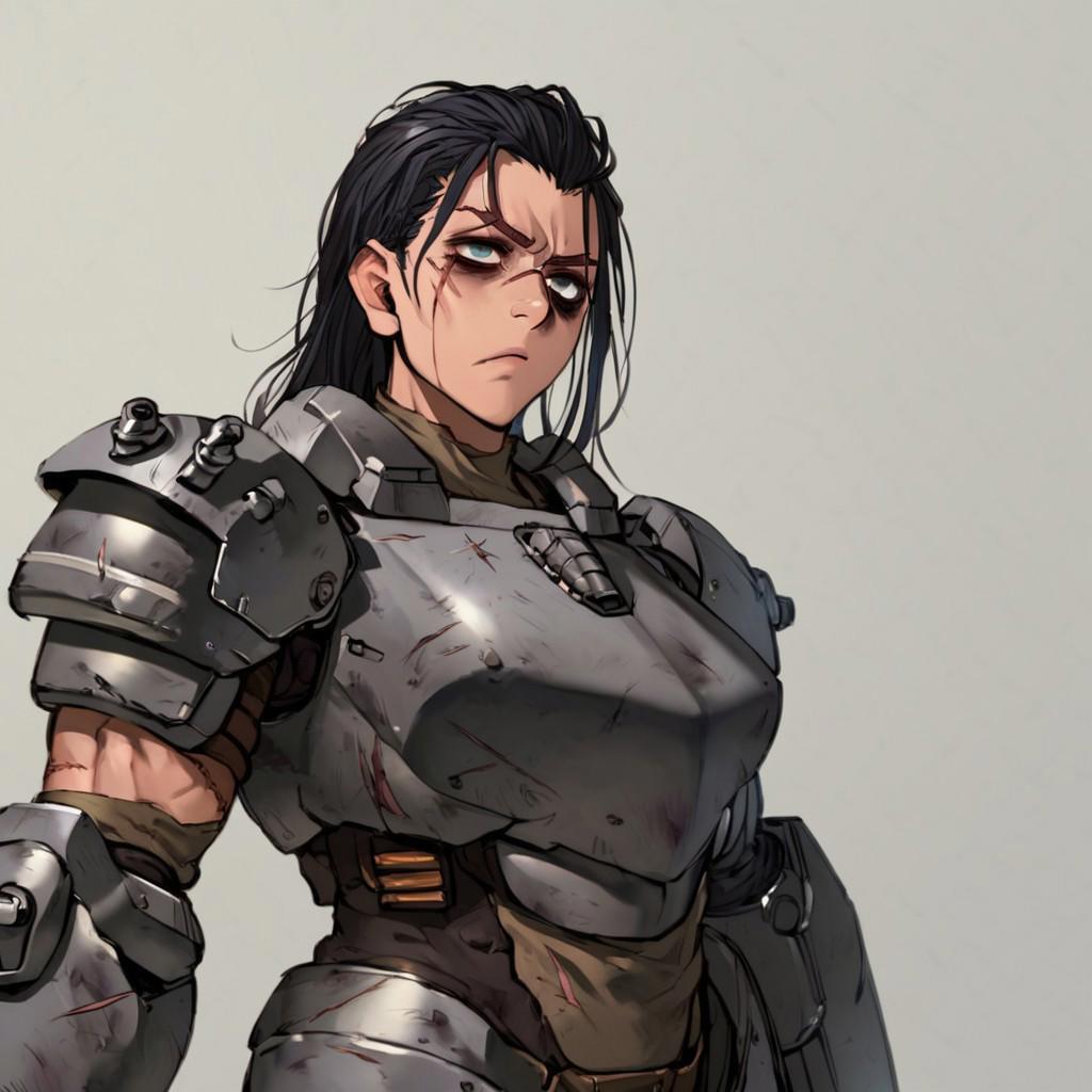 score_9, score_8_up, score_7_up, woman, messy black hair, bags under eyes, post-apocalyptic heavy silver steel power armor, serious, focused, scars