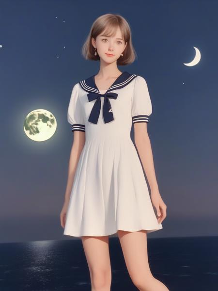 masterpiece, best quality, moon, sky, girl, short hair, light blush, green eyes, small breasts, Sailor dress, loose socks, mary_janes, <lora:sl_lye:1>