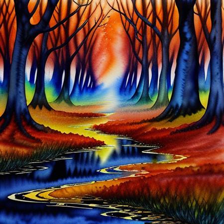 damascus steel, water colors print on a spooky dark forest  8k extreme detail,  realistic, perfect, no mistakes, amazing, epic, vibrant colors, blue, red, orange, explosion in the background