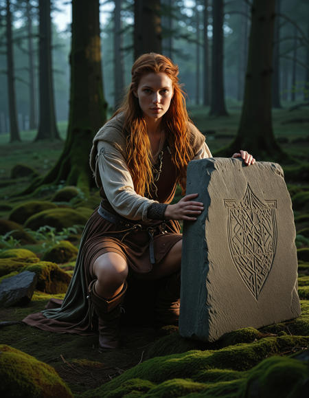 RAW full body image of a gorgeous 25 years old Gorgeous Viking Woman auburn haired, loose hair, <lora:NordicByNature:0.8>,Runestone Carver, A Viking woman chiseling sacred runes into a towering stone, her weathered hands covered in dust as she works in the misty Nordic wilderness.,low light, soft natural light, Rembrandt style light, Hasselblad DLSR camera, 200mm Zeiss lens, f/2.8 clear focus, high resolution image, (soft naural light), (rembrandt light), (soft shadows) ,Sexy pose, erotic pose, exhibitionism,