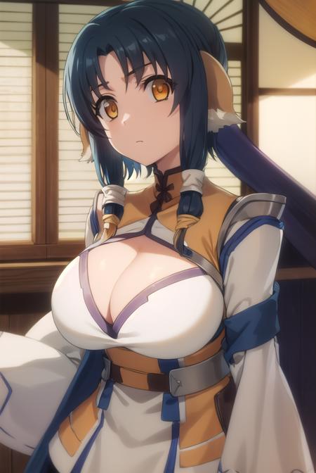 atui, long hair, (brown eyes:1.5), blue hair, hair tubes, (parted bangs:1.5), dog ears, animal ears, cleavage, cleavage cutout, long sleeves, wide sleeves, armor, shoulder armor,