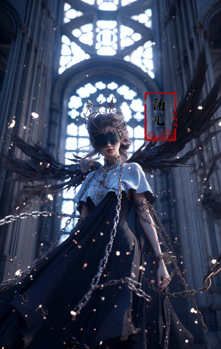 Epic CG masterpiece, a woman dressed in an angelic outfit in chains, delicate face, hdr,dtm, full ha,8K, ultra detailed graphic tension, dynamic poses, stunning colors, 3D rendering, surrealism, cinematic lighting effects, realism, 00 renderer, super realistic, full - body photos, super vista, super wide Angle, rich details, highest quality, extremely exquisite,
Black background1girl, chain, wings, solo, dress, blindfold, white dress, jewelry, veil, choker, ring, own hands together, angel wings, feathered wings, covered eyes, haloblackblindfold,
 <lora:~Q?-Y)O Angel:0.8>