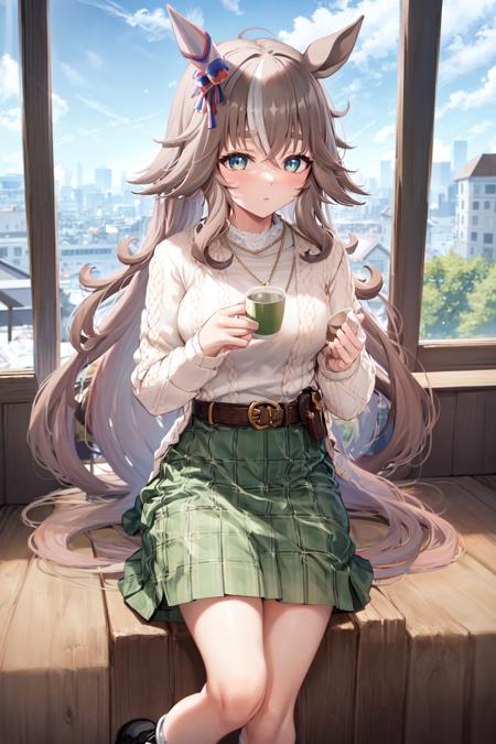 masterpiece, best quality,
wonder acute \(umamusume\),
indoor, window, curtain,
casual, white shirt, necklace, long sleeves, white shirt, white sweater, belt, green skirt, plaid skirt, long skirt, black pantyhose, shoes, sneakers, 
cup, holding cup, green tea
<lora:wonder_acute_loha:0.8>