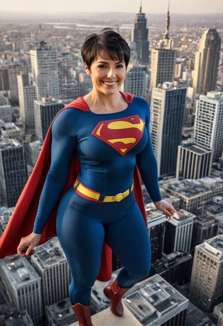 a 40yo  attractive  woman in a superman costume flying over a city, promotional images, black hair, (short pixie cut hair:1.2), hyper real highly detailed, chest covered, episode, cell bars, the character is a woman, restored colors, idol, ultra realistic, soft lighting, 8k, seductive smile, broad shoulders, extremely muscular and voluptuous body, round breasts, breasts together, Hand, detailed, perfect, perfection, hands, (muscle expansion:1.4)