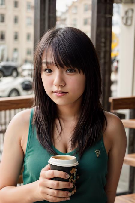 <lora:AiShinozaki:0.8>, full color portrait of a young woman, having coffee at vintage cafe, natural light, RAW photo, subject, 8k uhd, dslr, soft lighting, high quality, film grain, Fujifilm XT3