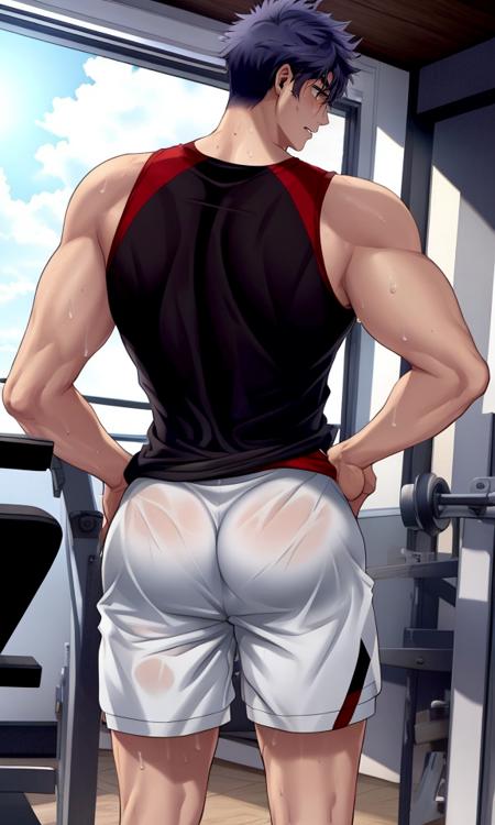 1male,sweat,semen in wet black sport shorts,bulge,masterpiece,best quality,<lora:cloth-bulge:0.7>,zhouwen,<lora:zhouwen-2:0.7>,nude,Vibrator,highres,huge filesize,lens flare,peeking_out,<lora:ä¿®æneg4all_bdsqlsz_V3.5:1>,gym,on_back,hip_focus,hands_on_own_ass,