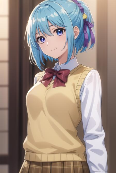 kurumukurono, <lora:kurumu kurono s2-lora-nochekaiser:1>,
kurumu kurono, short hair, blue hair, (purple eyes:1.1), ponytail, ribbon, hair ribbon, hair ornament, smile,
BREAK shirt, white shirt, long sleeves, bow, red bow, sweater vest, yellow sweater vest, skirt, plaid skirt, green skirt, socks,
BREAK indoors, classroom,
BREAK looking at viewer, (cowboy shot:1.5),
BREAK <lyco:GoodHands-beta2:1>, (masterpiece:1.2), best quality, high resolution, unity 8k wallpaper, (illustration:0.8), (beautiful detailed eyes:1.6), extremely detailed face, perfect lighting, extremely detailed CG, (perfect hands, perfect anatomy),