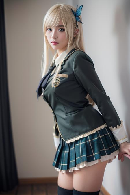 ultra-detailed,highly detailed,best quality,masterpiece,illustration,
kashiwazaki Sena, 1girl, solo,cosplay,st. chronica academy school uniform,
blue eyes,blonde hair, long hair, large breasts, bangs, 
black socks, loafers, kneehighs, plaid skirt, butterfly hair ornament, green skirt, jacket, necktie, long sleeves, pleated skirt, blazer, khaki shirt, lace trim, 
dynamic pose,looking at viewer,cowboy shot, 
photo background, 
 <lora:kashiwazaki Sena_v1_06:0.7>