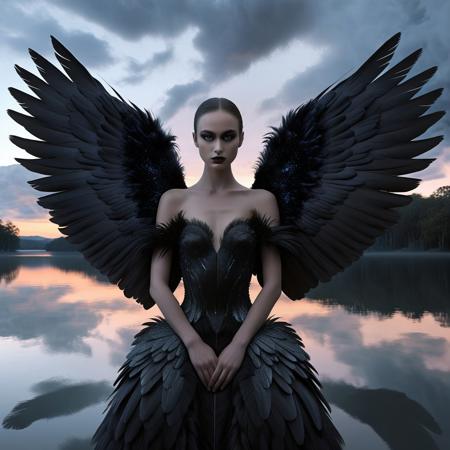 A surrealistic portrait features a young woman with large, 
symmetrical wings that transition from grayish-black at the tips to black at the bases. The wings are intricately feathered, 
creating a realistic appearance with layered texture. She has a neutral expression with slightly parted lips, 
and is looking directly at the viewer. She wears an elegant black dress. In her arms, 
she gently holds a elegant Black Swan, 
with intricate feather detailing. The background consists of a cloudy sky with shades of gray, 
white, 
and blue, 
transitioning from darker tones at the top to lighter hues towards the bottom, 
suggesting dusk or dawn. A lake landscape is visible at the base of the sky. The lighting is soft and diffused, 
illuminating the subject evenly without harsh shadows, 
enhancing the mysterious and otherworldly mood of the scene. The overall composition centers on the woman and the Black Swan, 
creating a striking visual contrast between the human figure and the avian element. Mystical, 
award-winning photograph, 
breathtaking beauty, 
gallery worthy.
